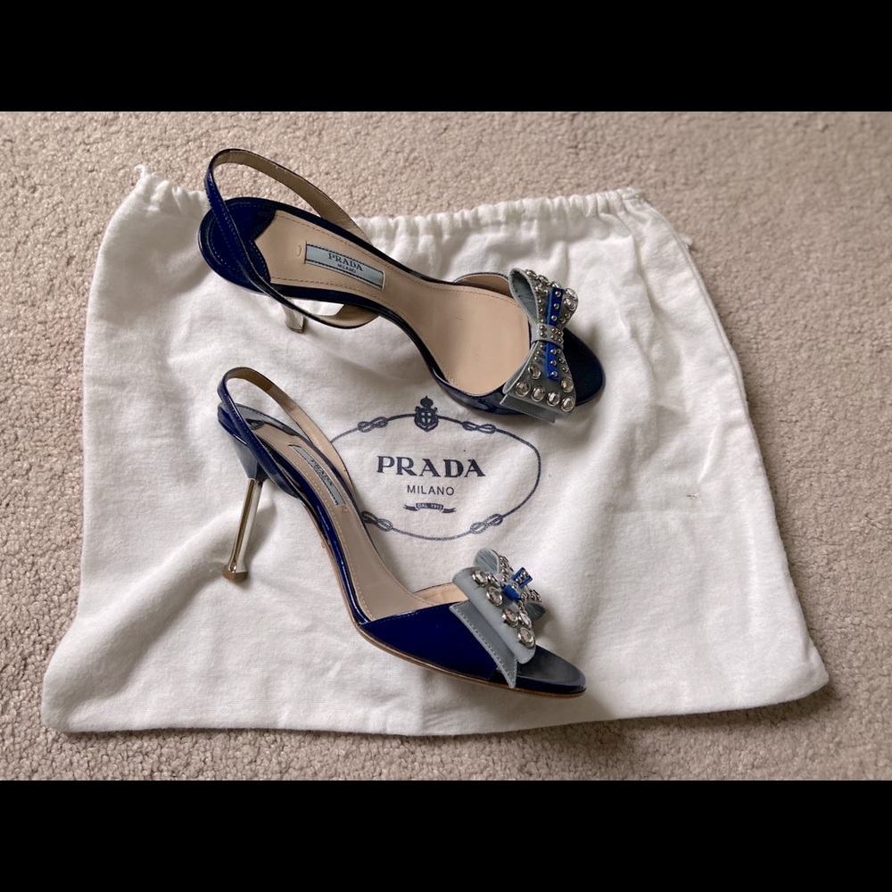 Prada blue patent embellished bow slingback sandal